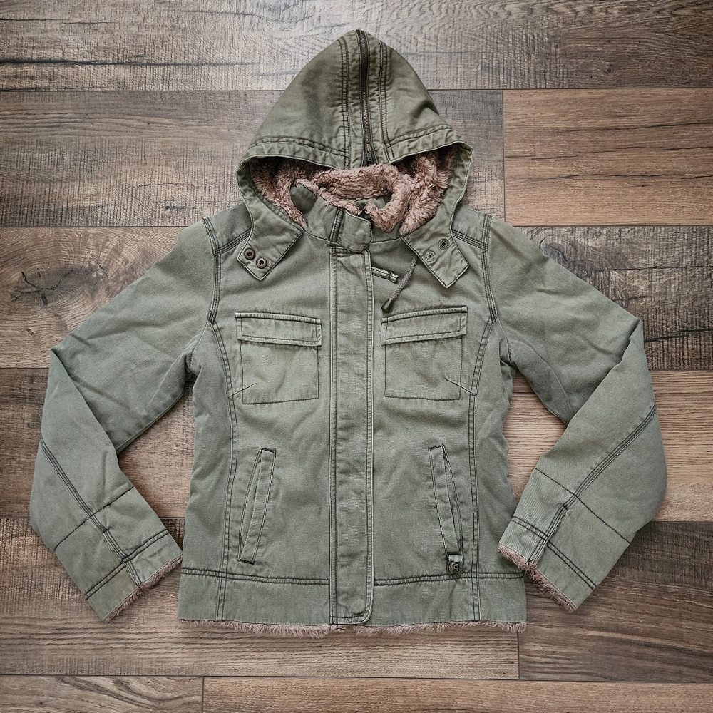 Reaction Kenneth Cole Cotton Faux Shearling Lined Hooded Green Military Jacket